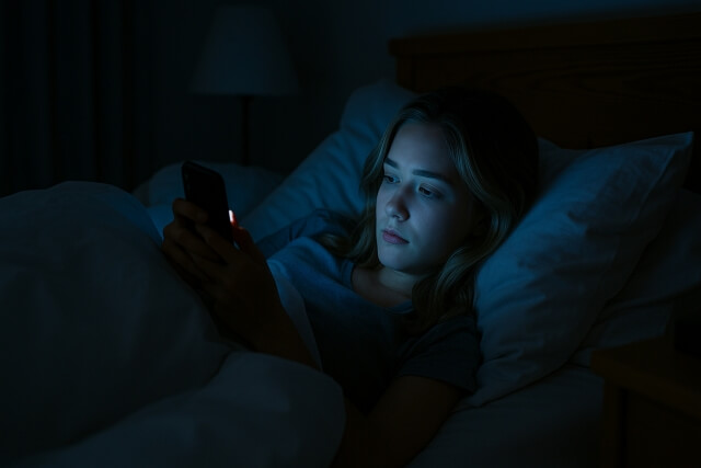 暗闇でスマホを使う女性