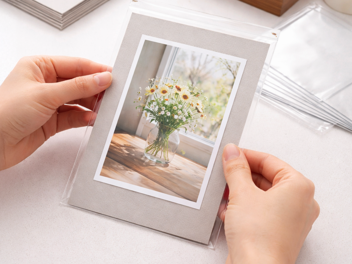 写真をOPP袋に封入する際の、折れ防止用台紙に