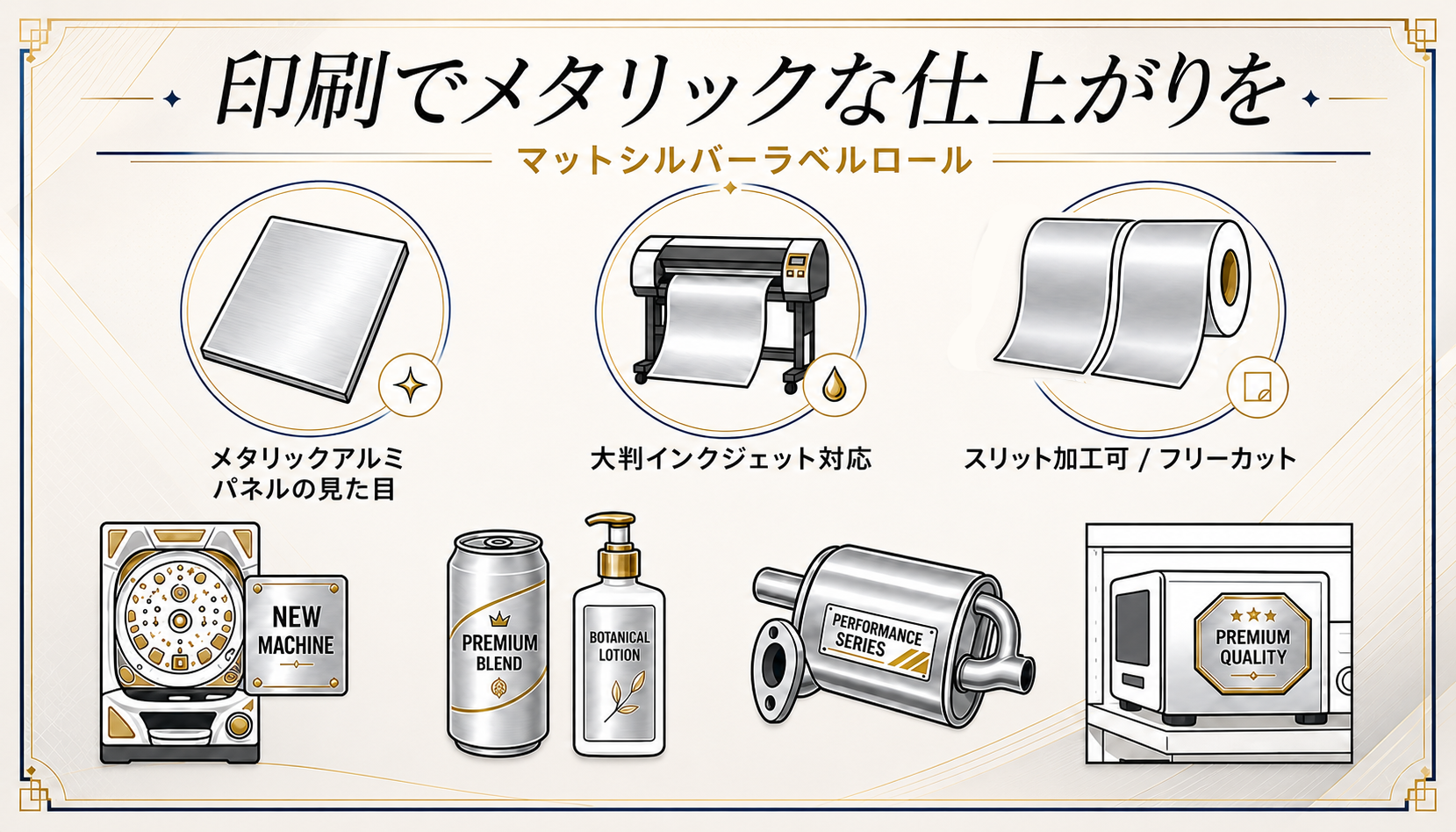 アルミパネル風のメタリック感が際立つつや消しシルバーラベルロール。パチンコ店・新車・缶飲料ポスターに最適な大判インクジェット用メディア。