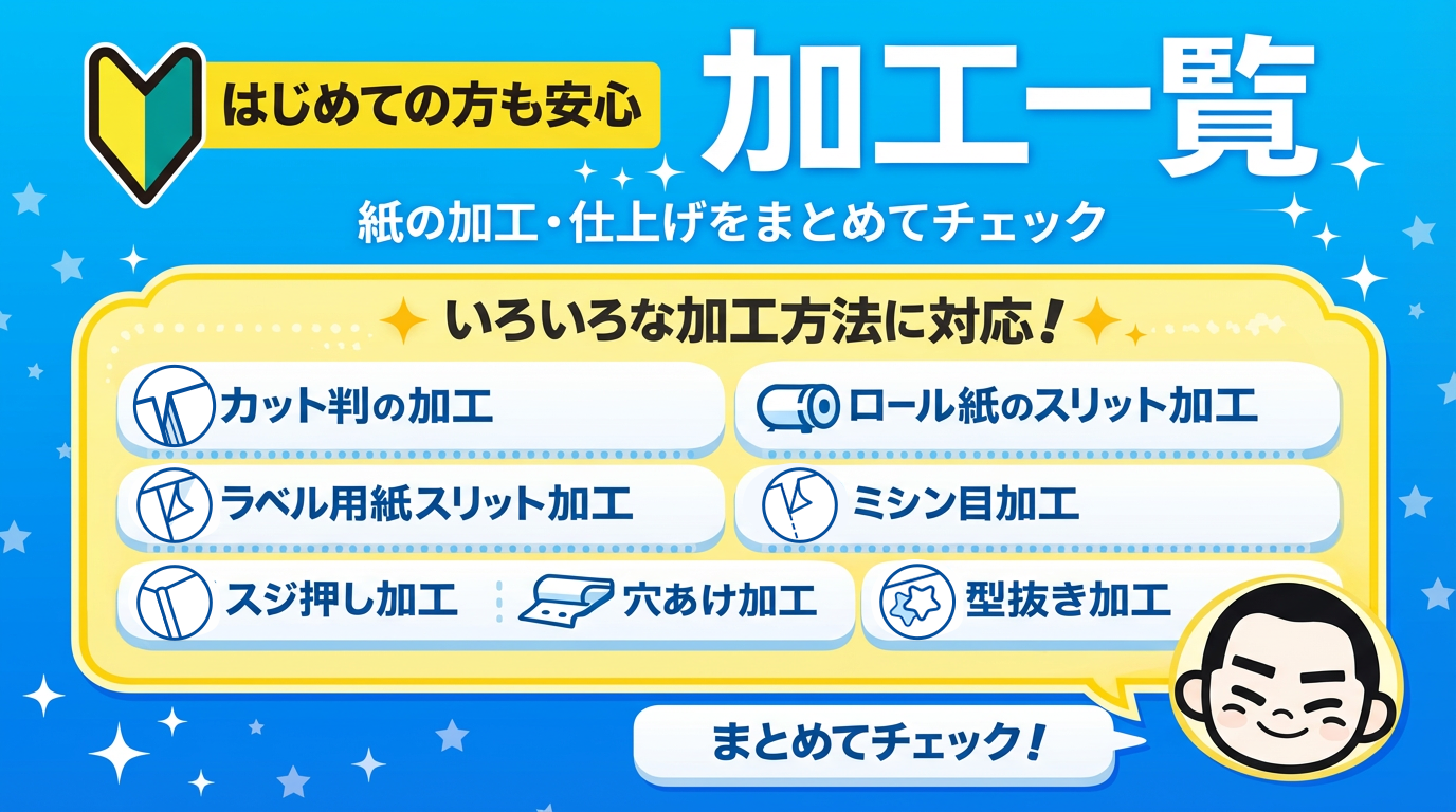 紙の加工方法を一覧で確認できる加工一覧。カット判の加工、ロール紙のスリット加工、ラベル用紙スリット加工、ミシン目加工、スジ押し加工、穴あけ加工、型抜き加工をご紹介。