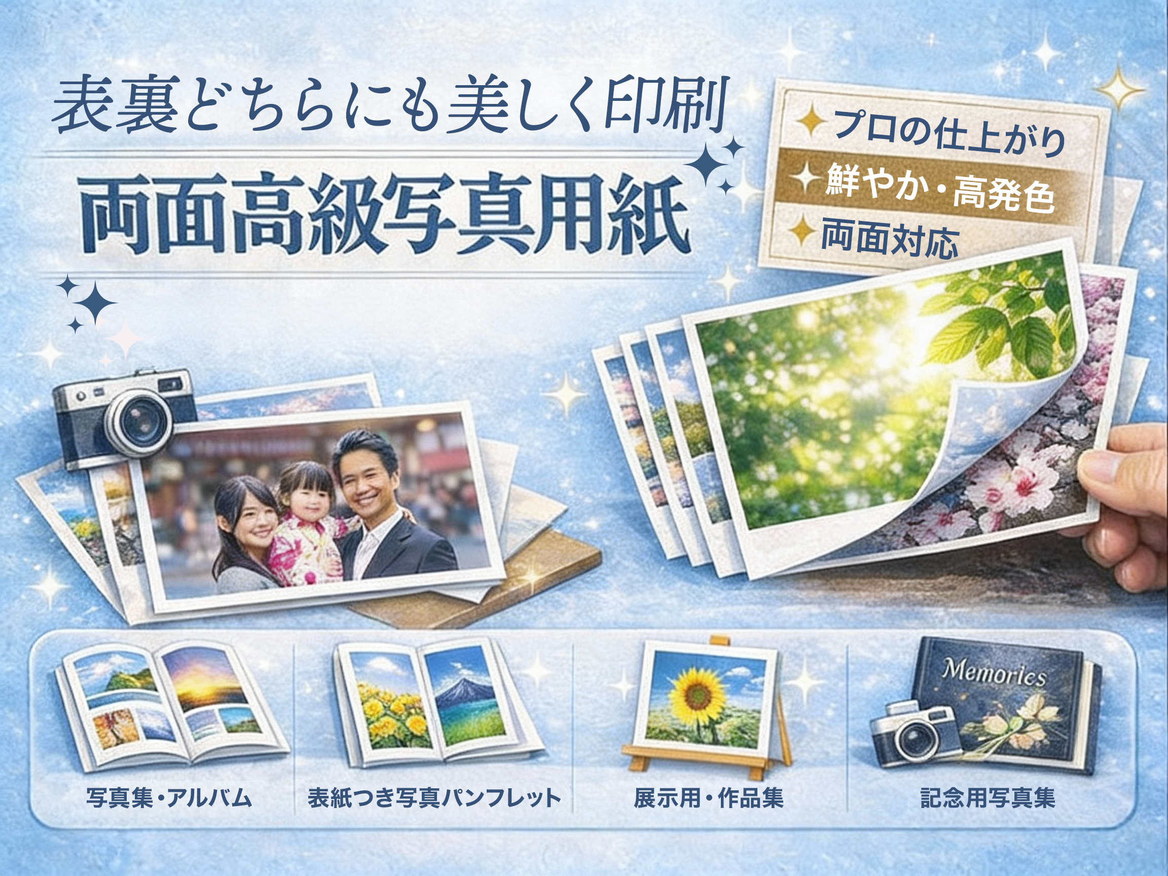 両面に写真を印刷できる高級写真用紙の特長を紹介、高発色でプロ品質の仕上がりで写真集や作品集などにおすすめ