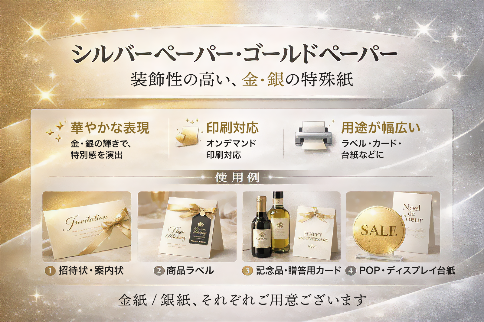 光沢のある金色と銀色の紙を並べて配置し、招待状やカード、装飾用途に使える特殊紙であることを紹介