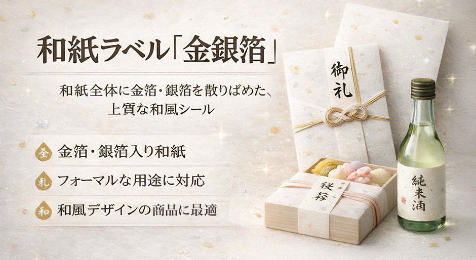 金箔と銀箔が散りばめられた白い和紙ラベルを背景に、フォーマル用途や和風商品のラベル使用事例を紹介