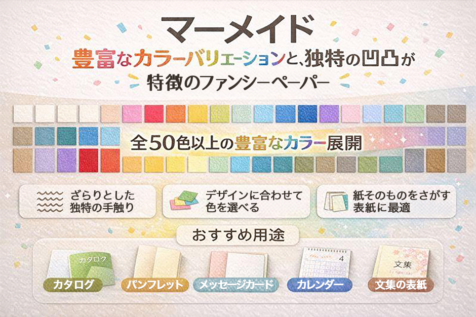 特殊紙マーメイドの、独特の凹凸ある質感や、豊富なカラーバリエーションと、カタログ・パンフレット・カレンダー・文集の表紙に適した用途をご紹介
