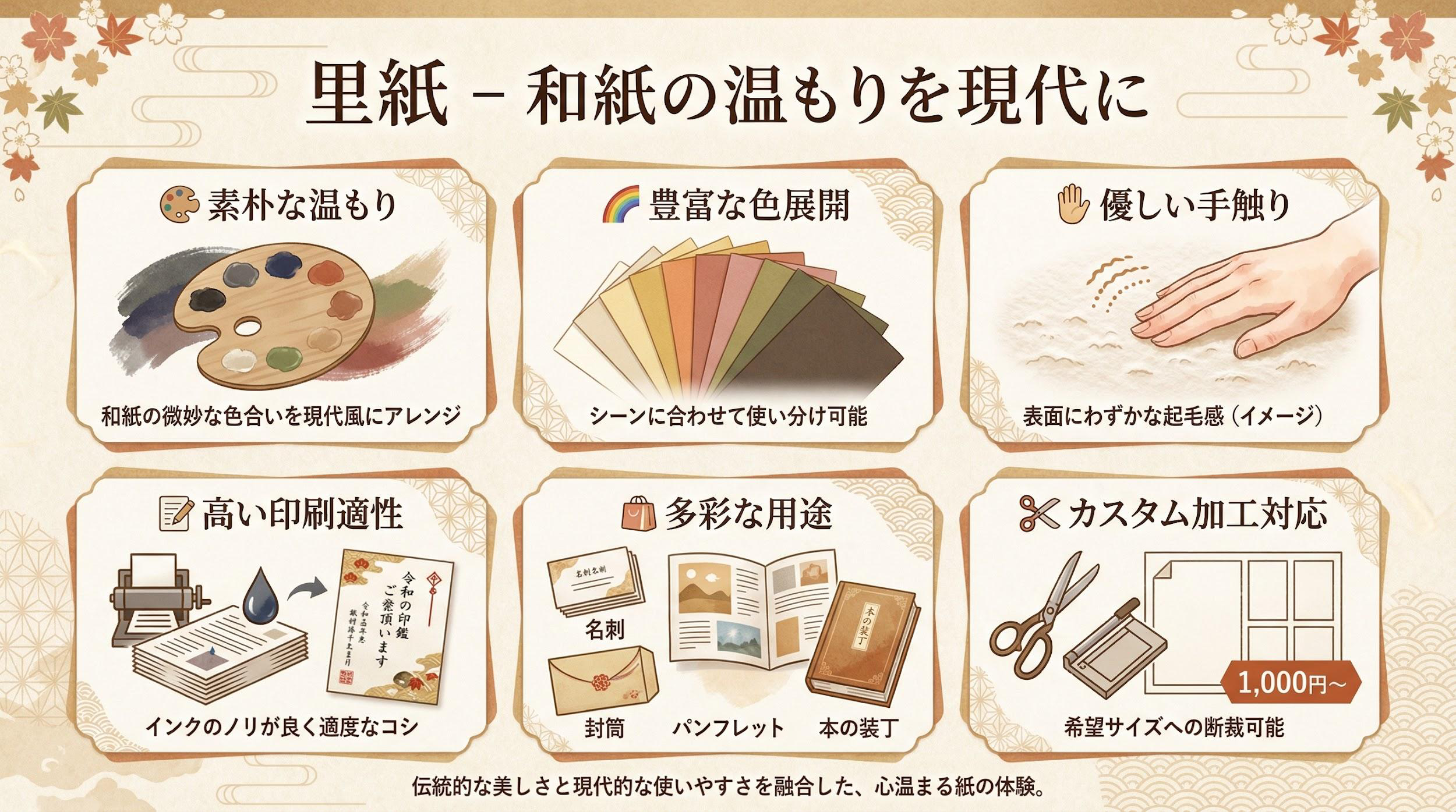 里紙 - 和紙の温もりを現代に | 豊富な色展開、優しい手触り、高い印刷適性が特徴のファンシーペーパー | 名刺・封筒・パンフレット・本の装丁に最適