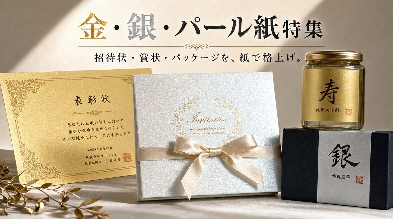 金・銀・パール紙で格上げする招待状・賞状・パッケージ特集。ゴールドペーパー・シルバーペーパー・MSパール・和紙ラベル金銀箔