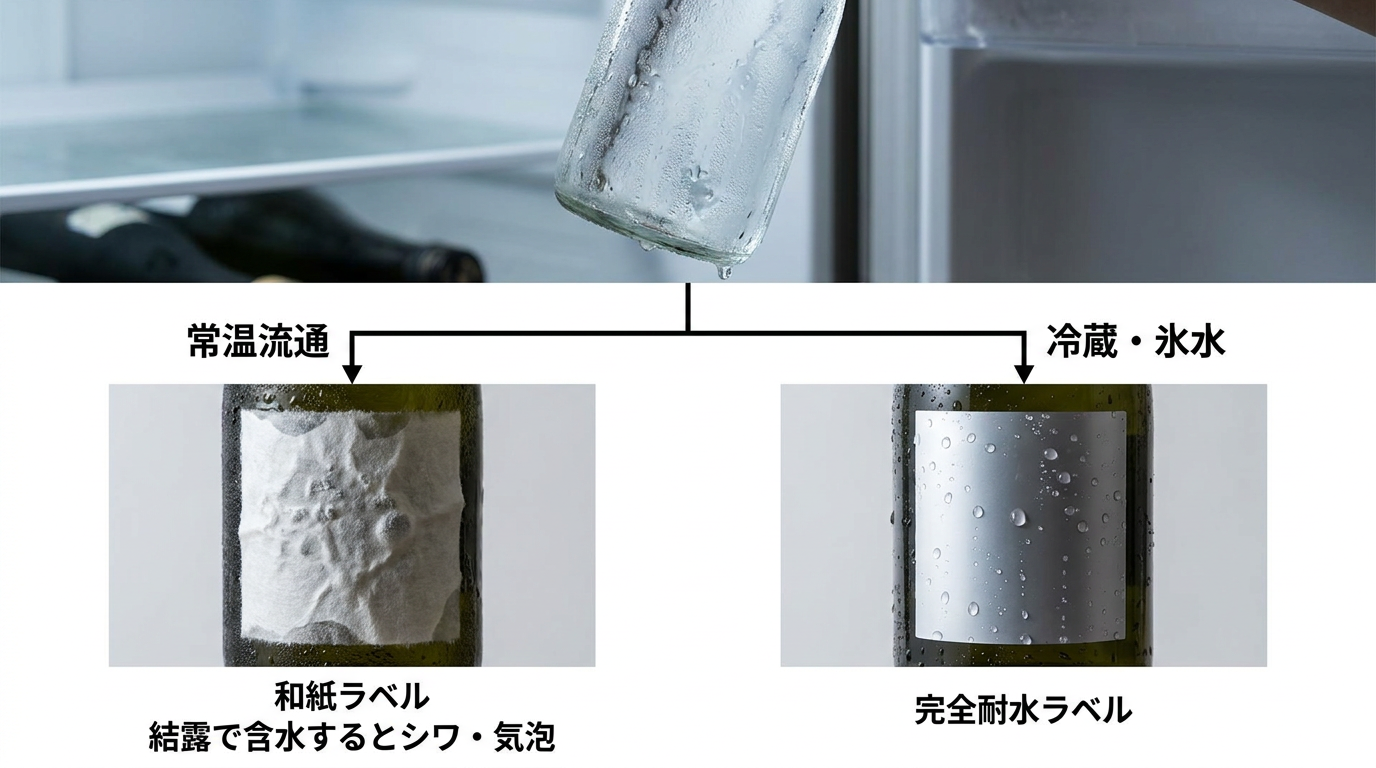 常温流通と冷蔵・氷水環境でラベルの耐水性を比較した図