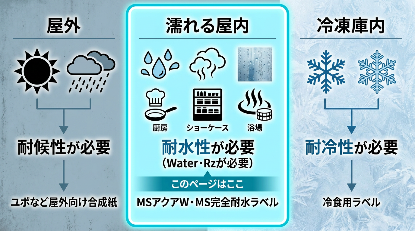 屋外は耐候性、濡れる屋内は耐水性、冷凍庫内は耐冷性と、使う場所ごとに適した紙が異なることを示す図