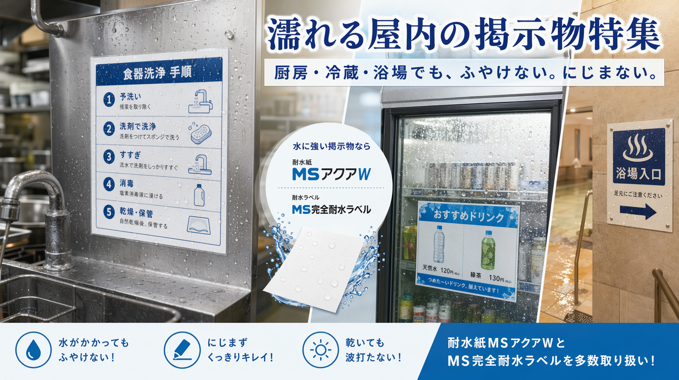 耐水ラベルシール特集。厨房・冷蔵ショーケース・温浴施設など、水がかかる場所で使える耐水紙MSアクアWとMS完全耐水ラベルを多数取り扱い