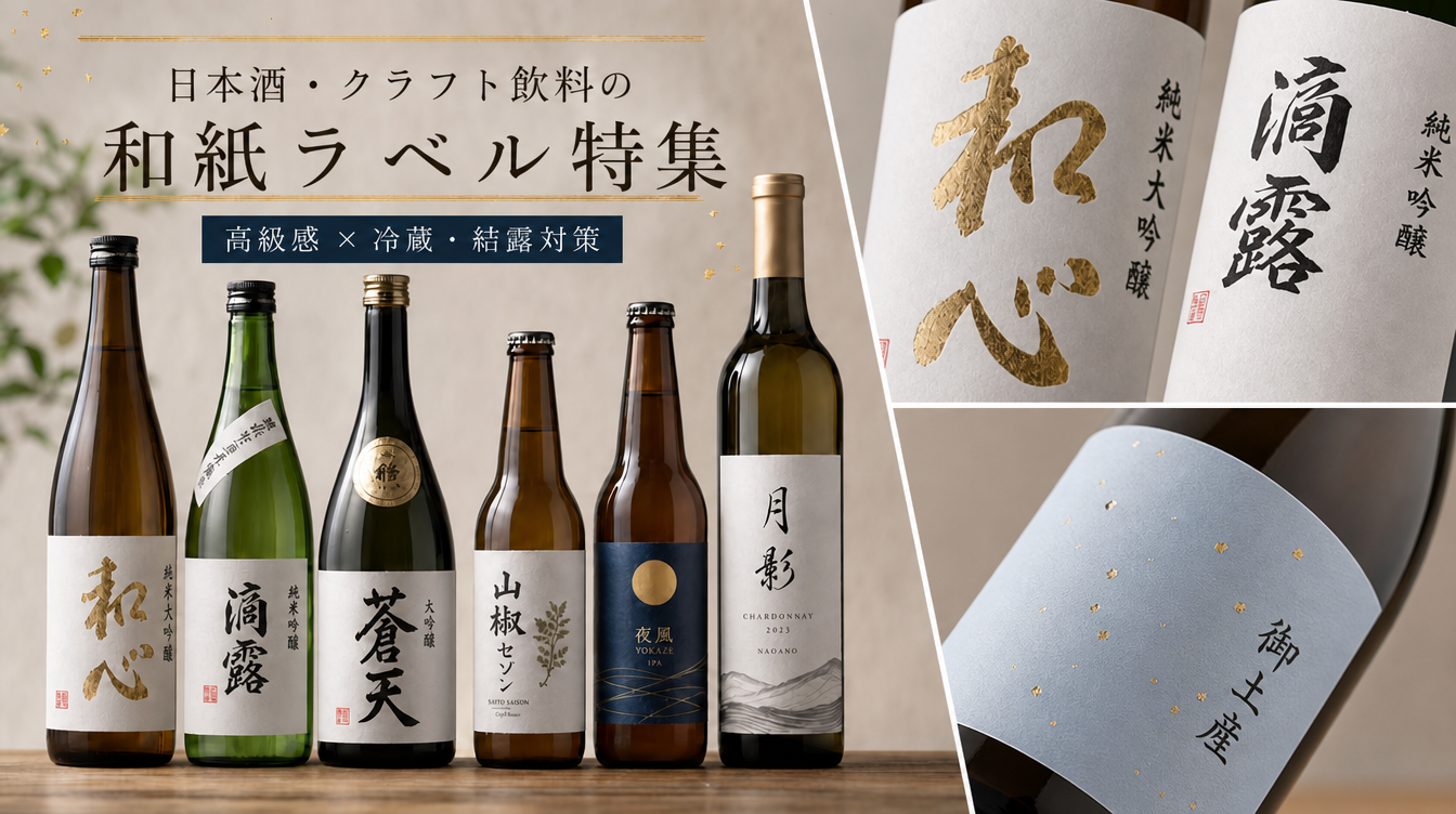和紙ラベルを貼った日本酒・クラフトビール・ワインのボトルラベル特集のアイキャッチ