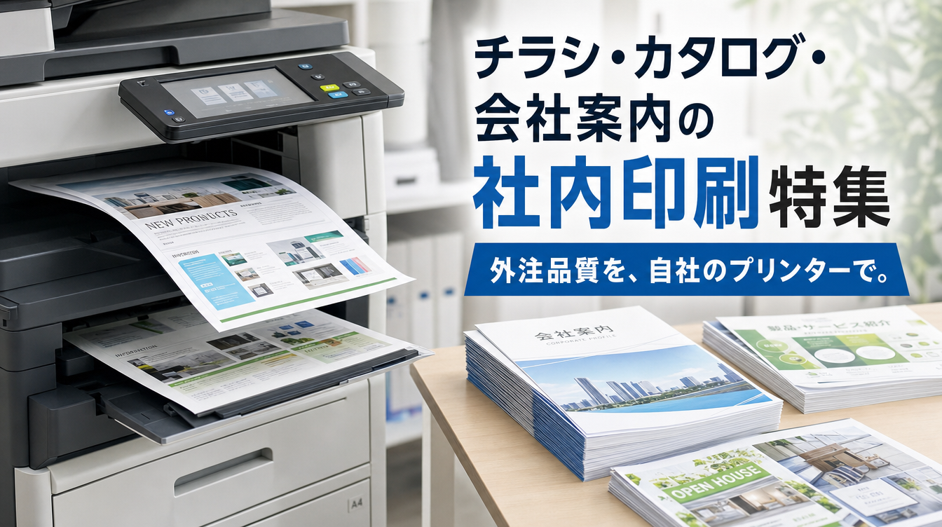 チラシ・カタログ・会社案内を自社プリンターで作る社内印刷特集のアイキャッチ