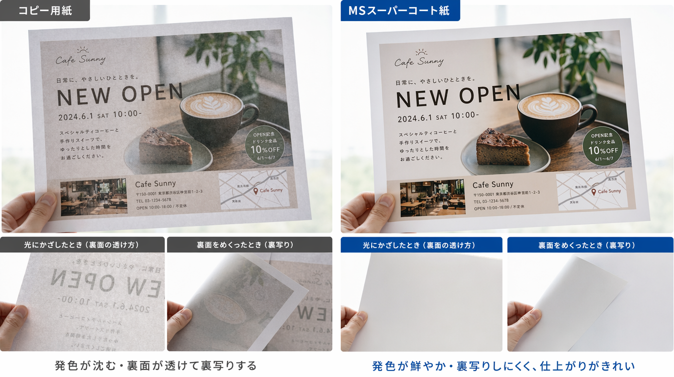 コピー用紙とMSスーパーコート紙の印刷仕上がり比較